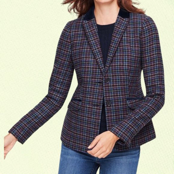 Talbots Petite Mistletoe‎ Plaid Two Button Blazer 8P Multicolor Shetland Wool - Picture 1 of 7